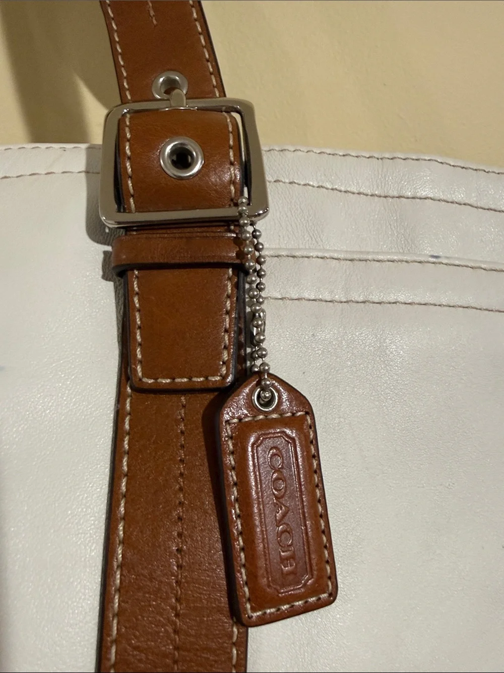 Coach White Leather Tote with Brown Trim and Straps Moms,work, Business Handbag